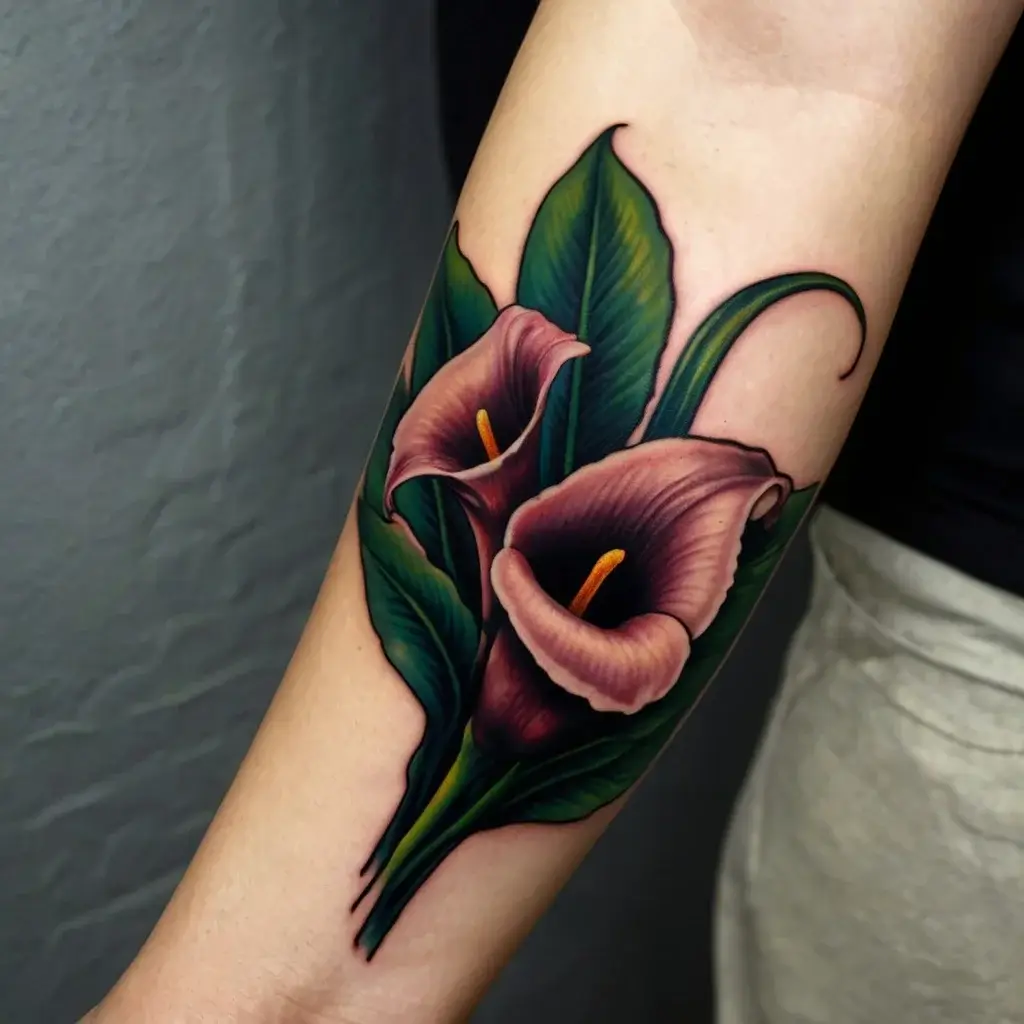 A vibrant forearm tattoo of two purple calla lilies with lush green leaves, showcasing intricate detail and shading.