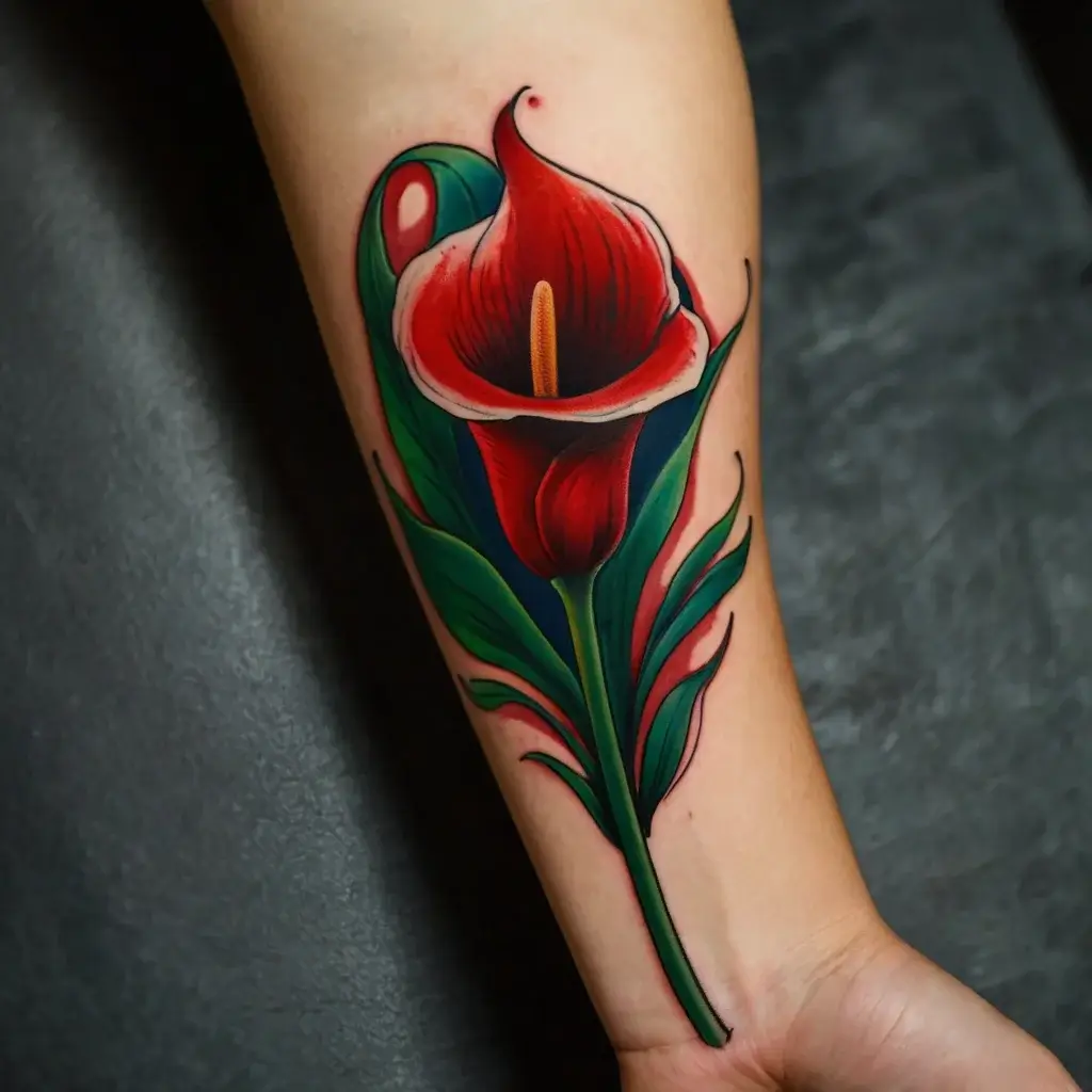 A vibrant red calla lily tattoo on the forearm, with rich green leaves and realistic shading for depth.