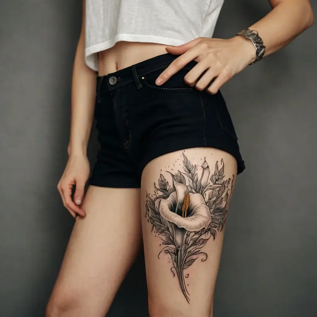 Thigh tattoo of a detailed monochrome calla lily with leaves and intricate shading, adding elegance and depth.