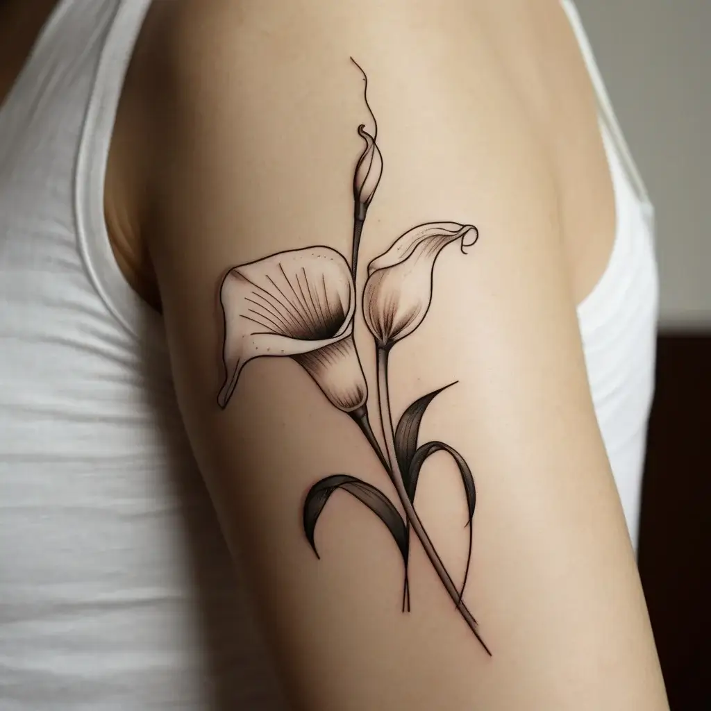 Elegant calla lily tattoo in fine line style graces the upper arm, showcasing graceful petals and delicate shading.