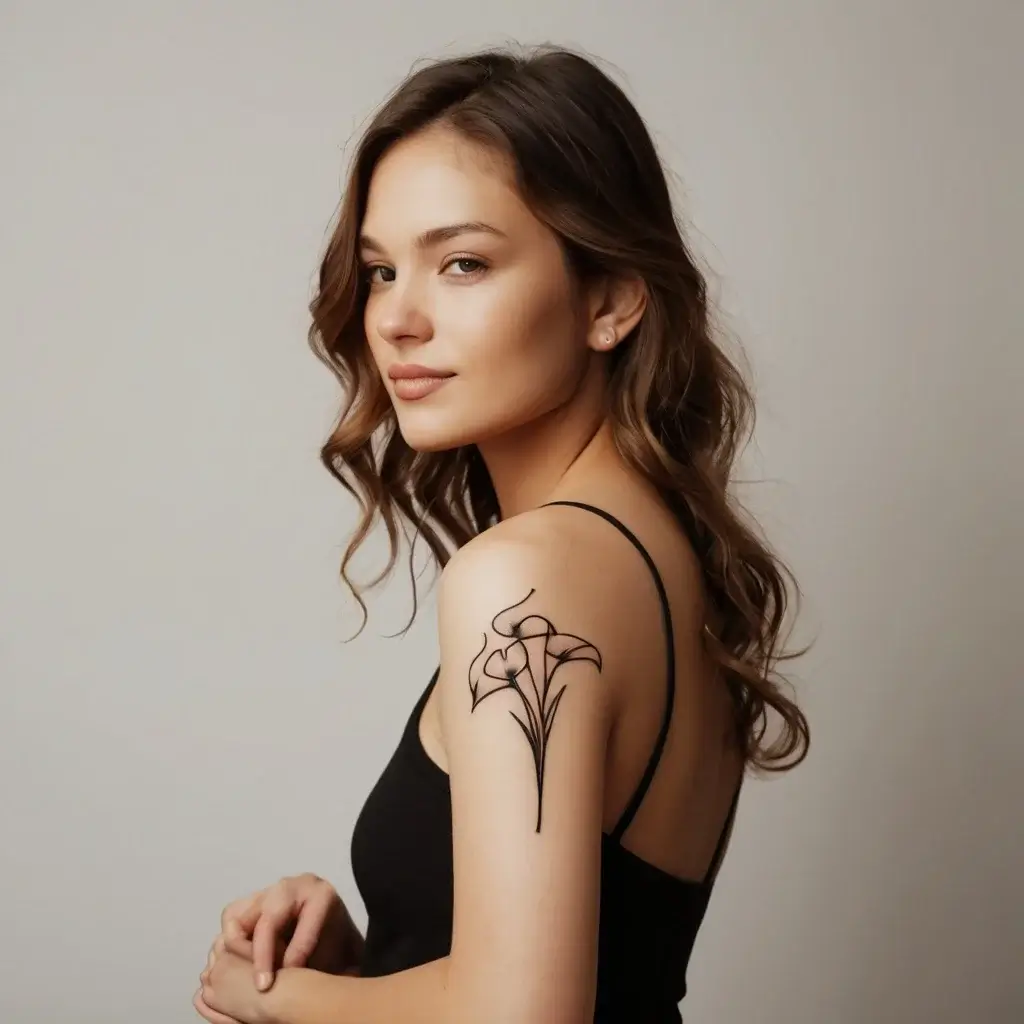 Minimalist calla lily tattoo with elegant line art on the upper arm, showcasing delicate floral curves and simplicity.