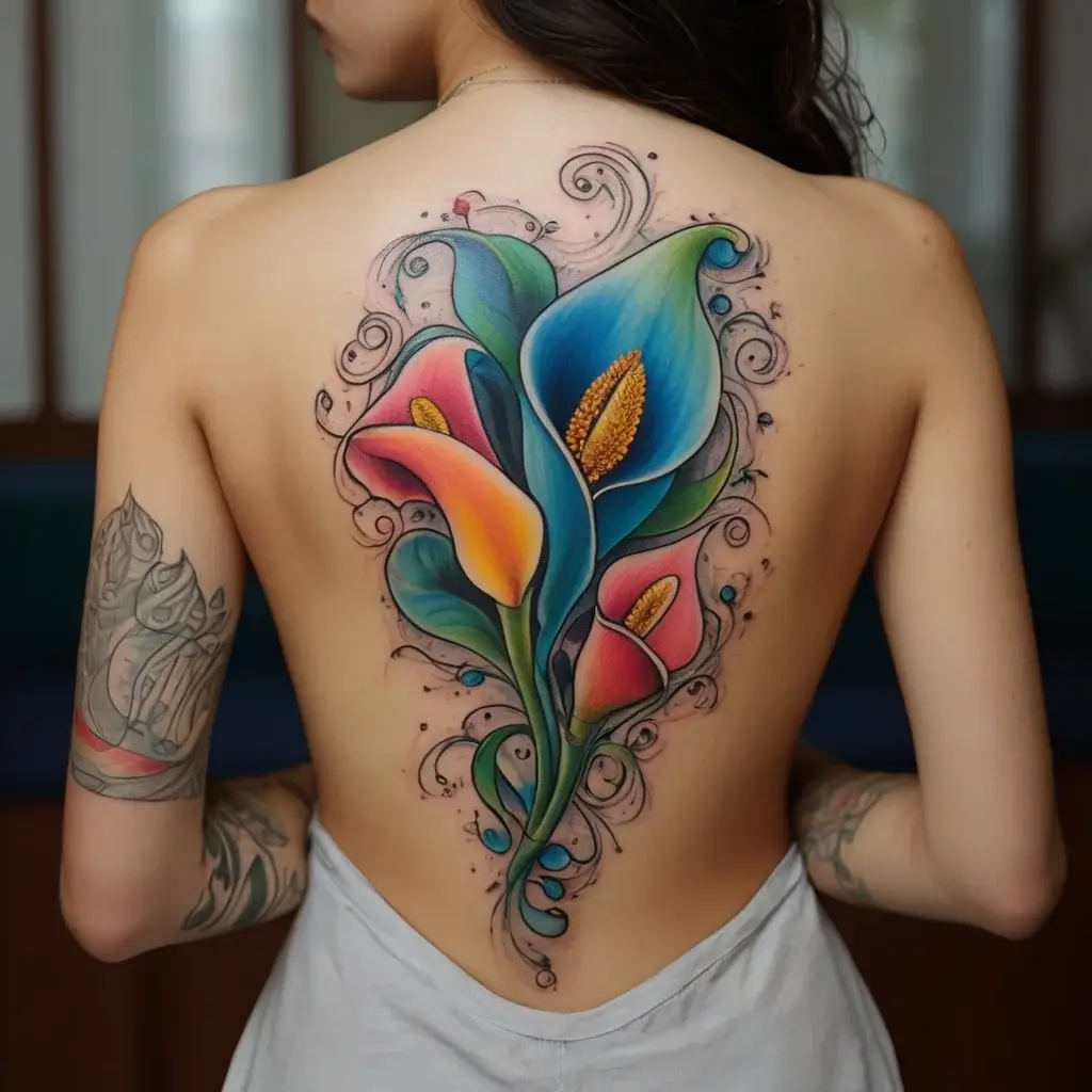 Colorful calla lilies tattoo on back, with swirling abstract accents, blending blue and magenta petals with green leaves.