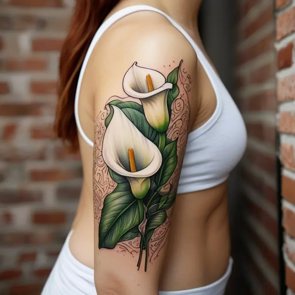 Tattoo of two calla lilies with green leaves, detailed shading, and swirling decorative lines on upper arm.