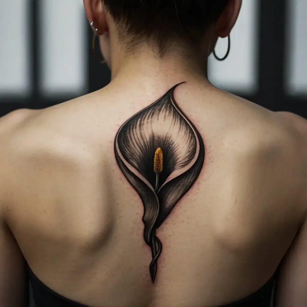 Tattoo of a stylized black calla lily on the back, with a yellow spadix accent, adding depth and contrast.