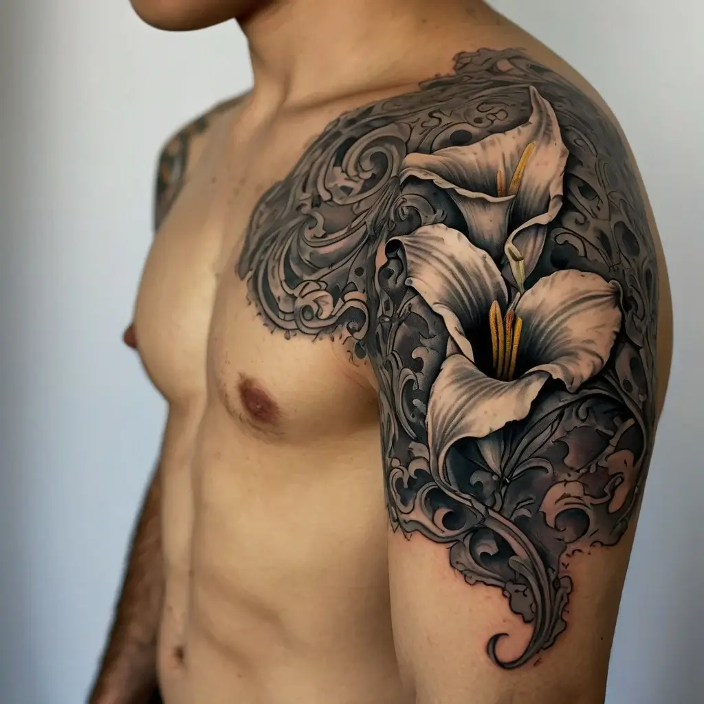 Intricate shoulder tattoo featuring elegant calla lilies and ornate swirling patterns in grayscale shading.