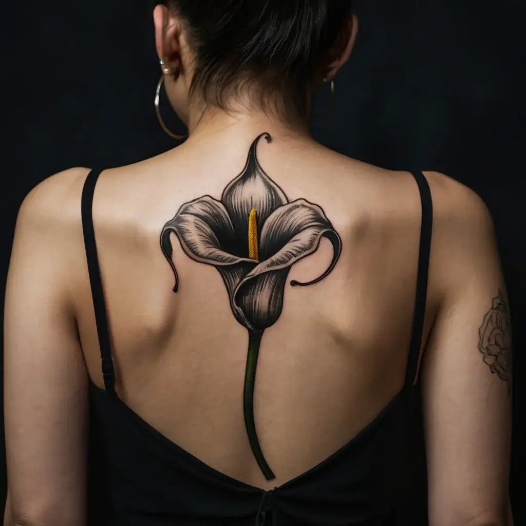 Tattoo of a large, detailed lily in grayscale with a yellow stamen, elegantly centered on the upper back.