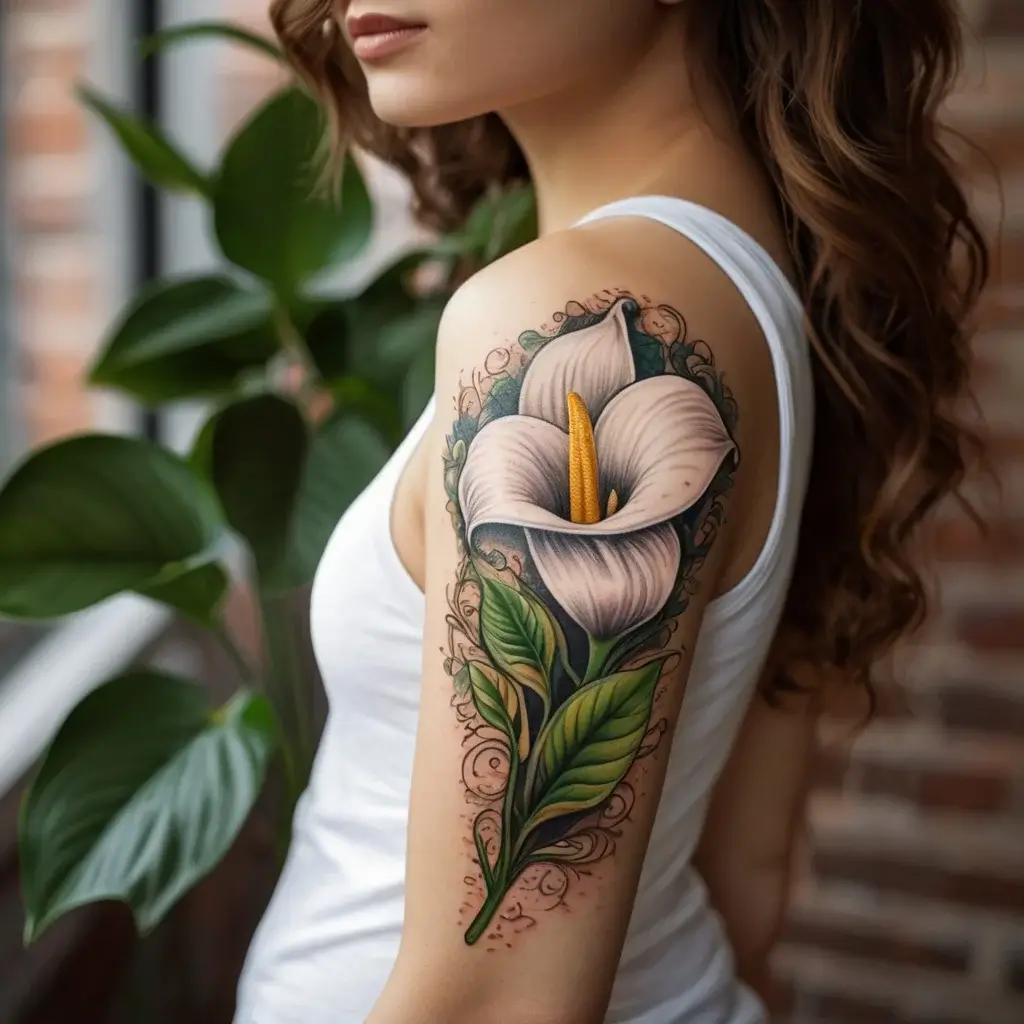 A vibrant calla lily tattoo on the upper arm, detailed with lush green leaves and intricate swirling patterns.