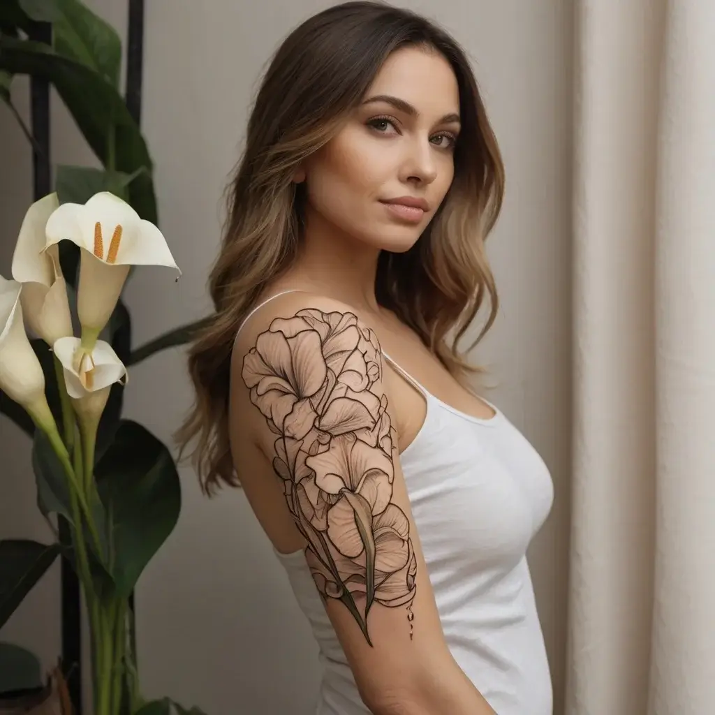 Delicate linework tattoo of blooming calla lilies cascading down the arm, capturing elegance and natural beauty.