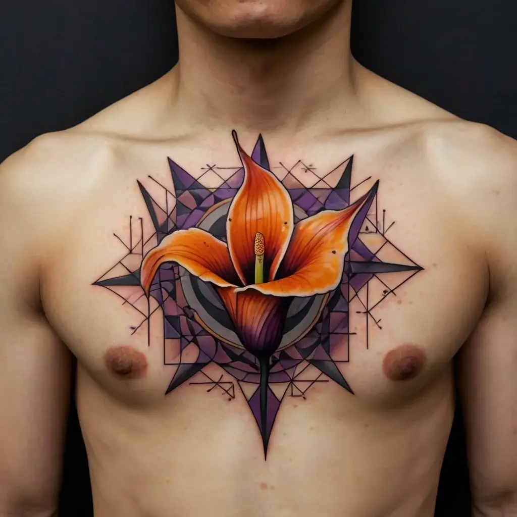 An orange flower tattoo with geometric patterns and star shapes on the chest, blending vibrant and intricate design elements.