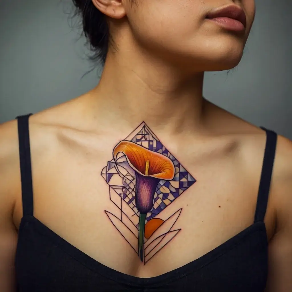 Geometric calla lily tattoo in orange and purple with intricate line work on the chest, blending floral and abstract styles.