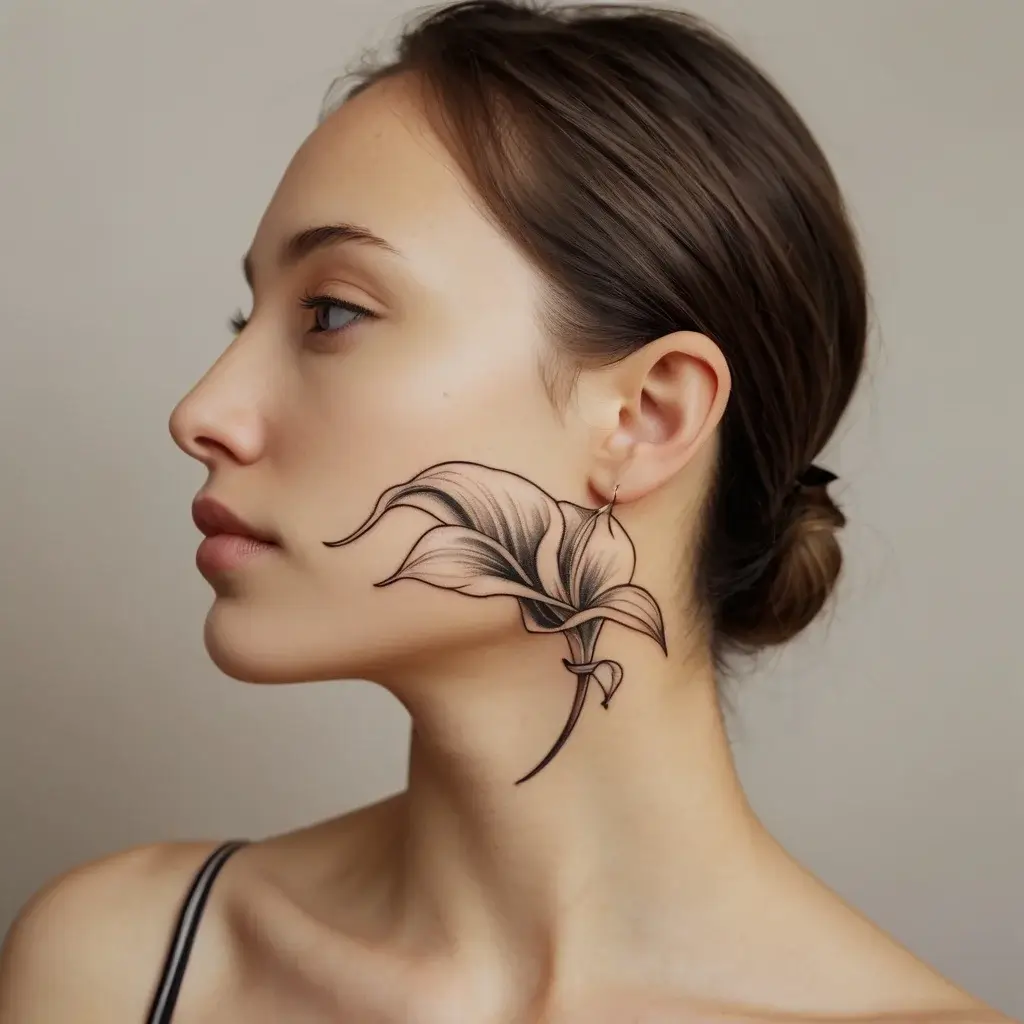 Profile tattoo of a large, elegant lily with flowing lines, gracefully placed on the side of the neck and cheek.