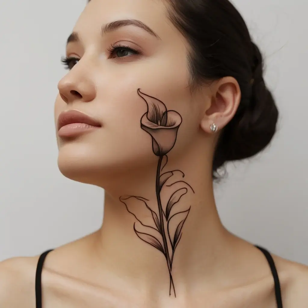 Elegant calla lily tattoo in fine line style on woman's face and neck, symbolizing beauty and purity.