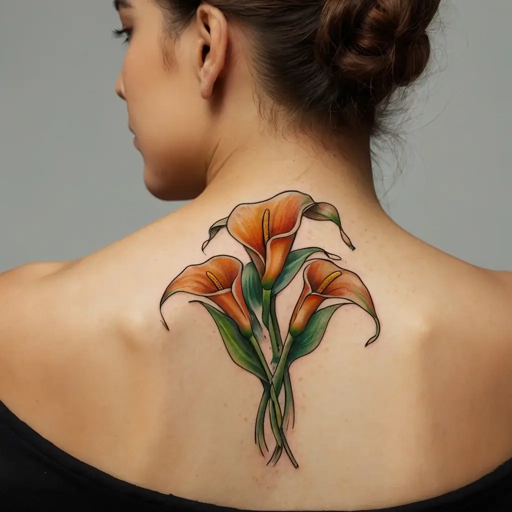 Tattoo of three orange calla lilies with green leaves adorning the upper back, symbolizing beauty and elegance.