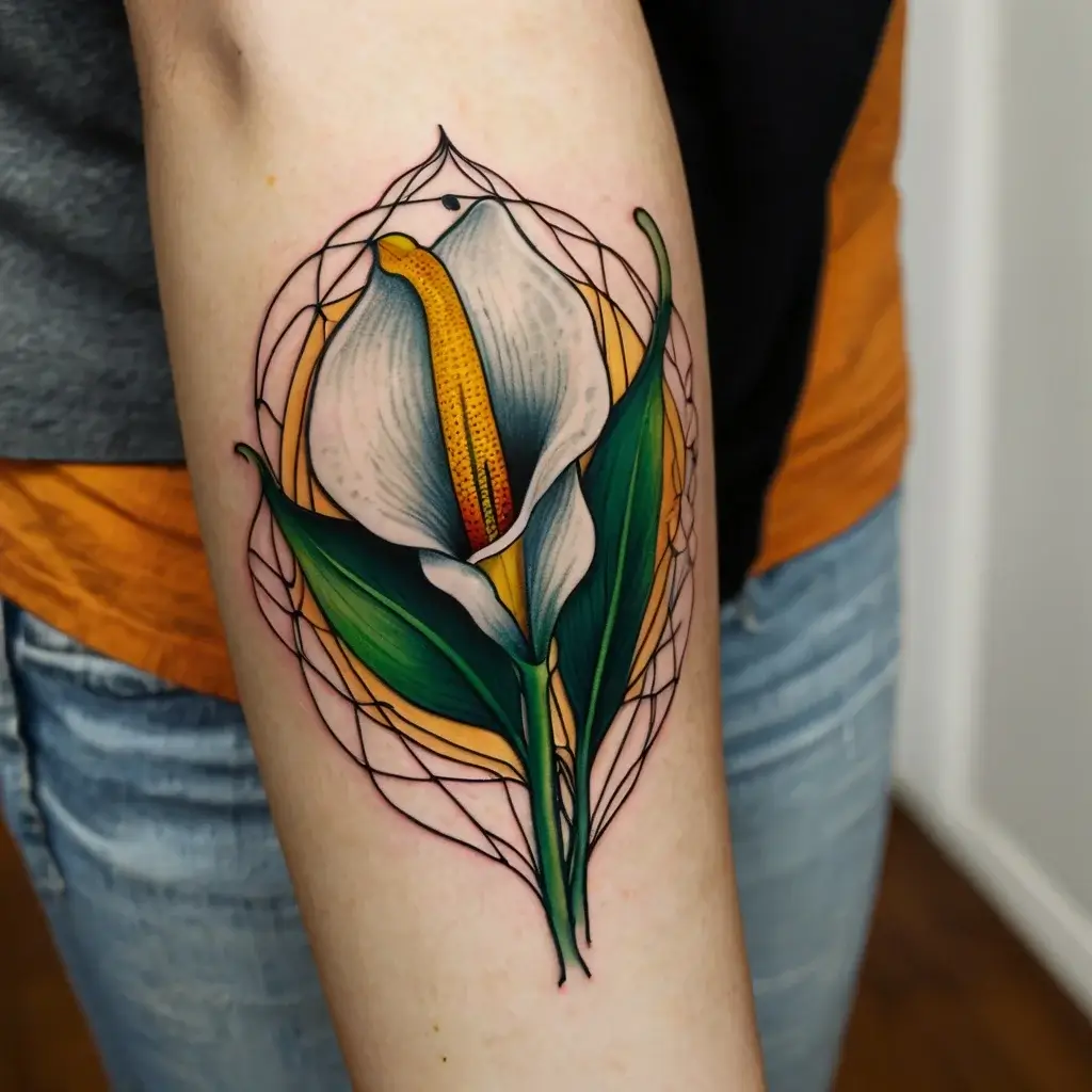 Colorful calla lily tattoo with geometric background, featuring white petals, green leaves, and a yellow spadix.