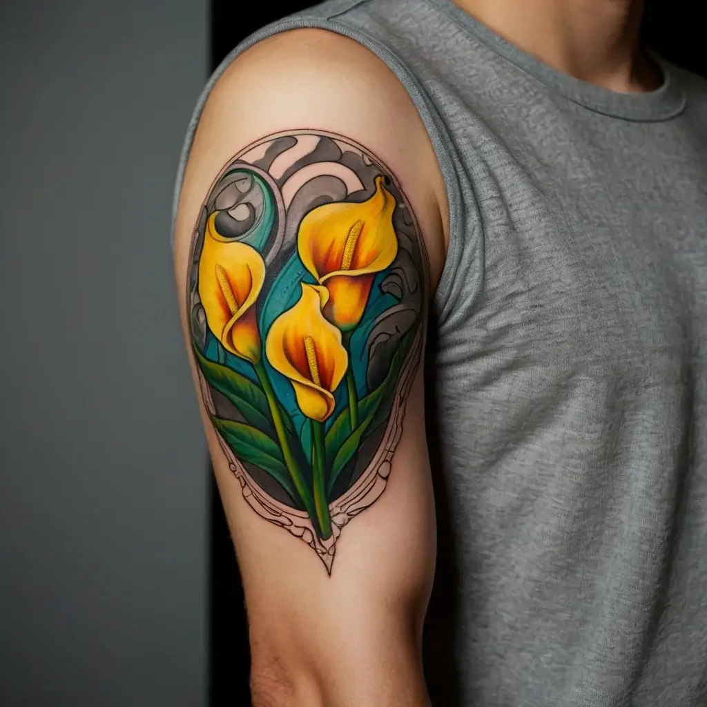 A vibrant tattoo of yellow calla lilies with green stems, set against swirling gray patterns on the upper arm.