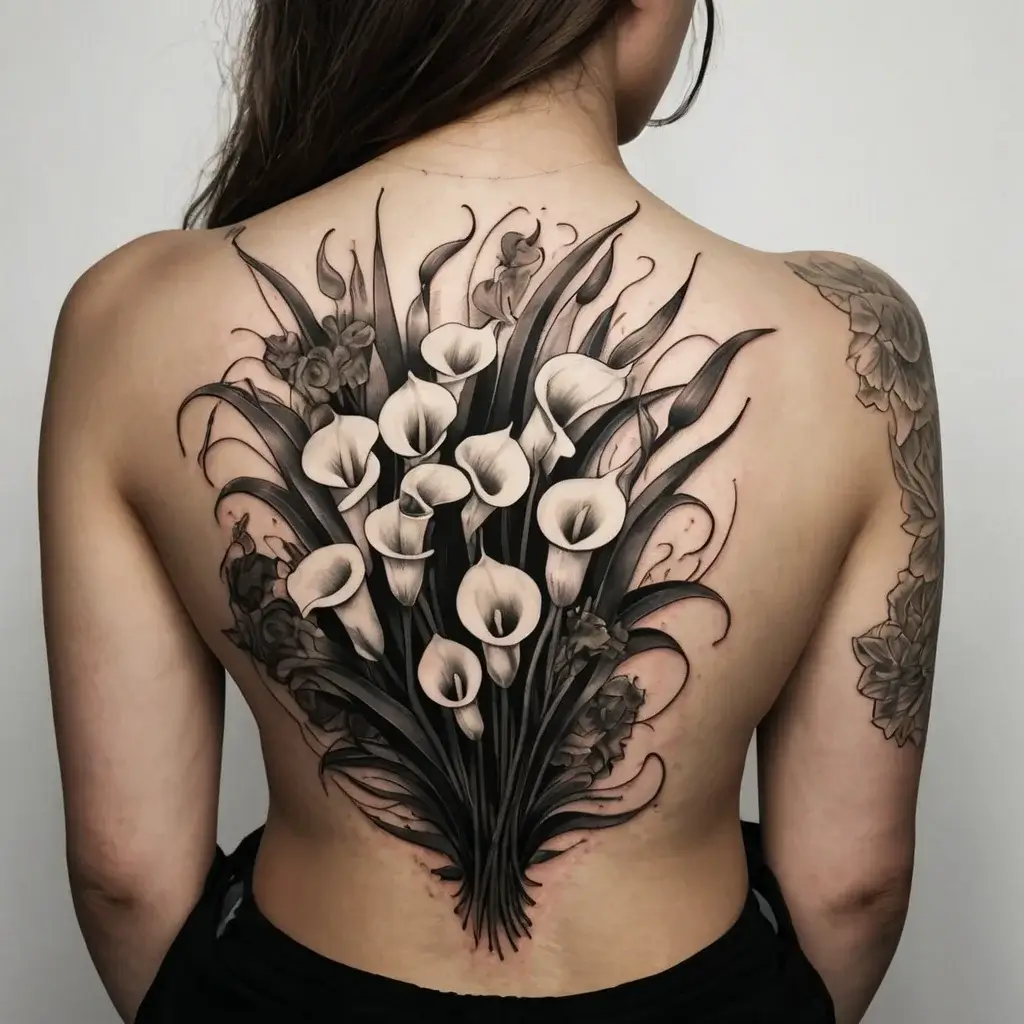 A detailed back tattoo of calla lilies with flowing leaves, blending black and gray tones for a realistic floral look.