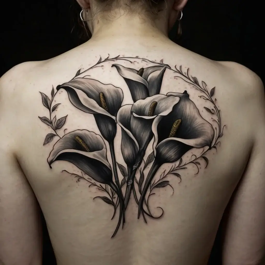 Back tattoo featuring elegant black and white calla lilies with intricate leaf accents, creating a harmonious floral design.