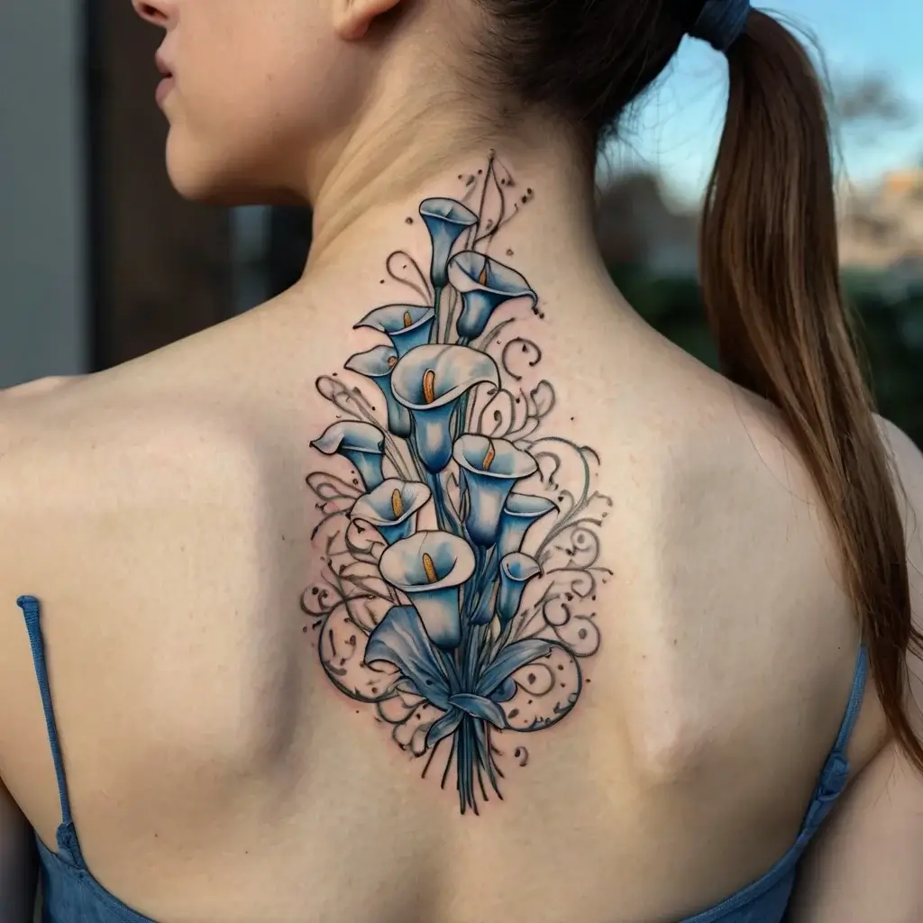 Tattoo of blue calla lilies on the back, detailed with elegant swirls, creating a graceful and artistic floral design.