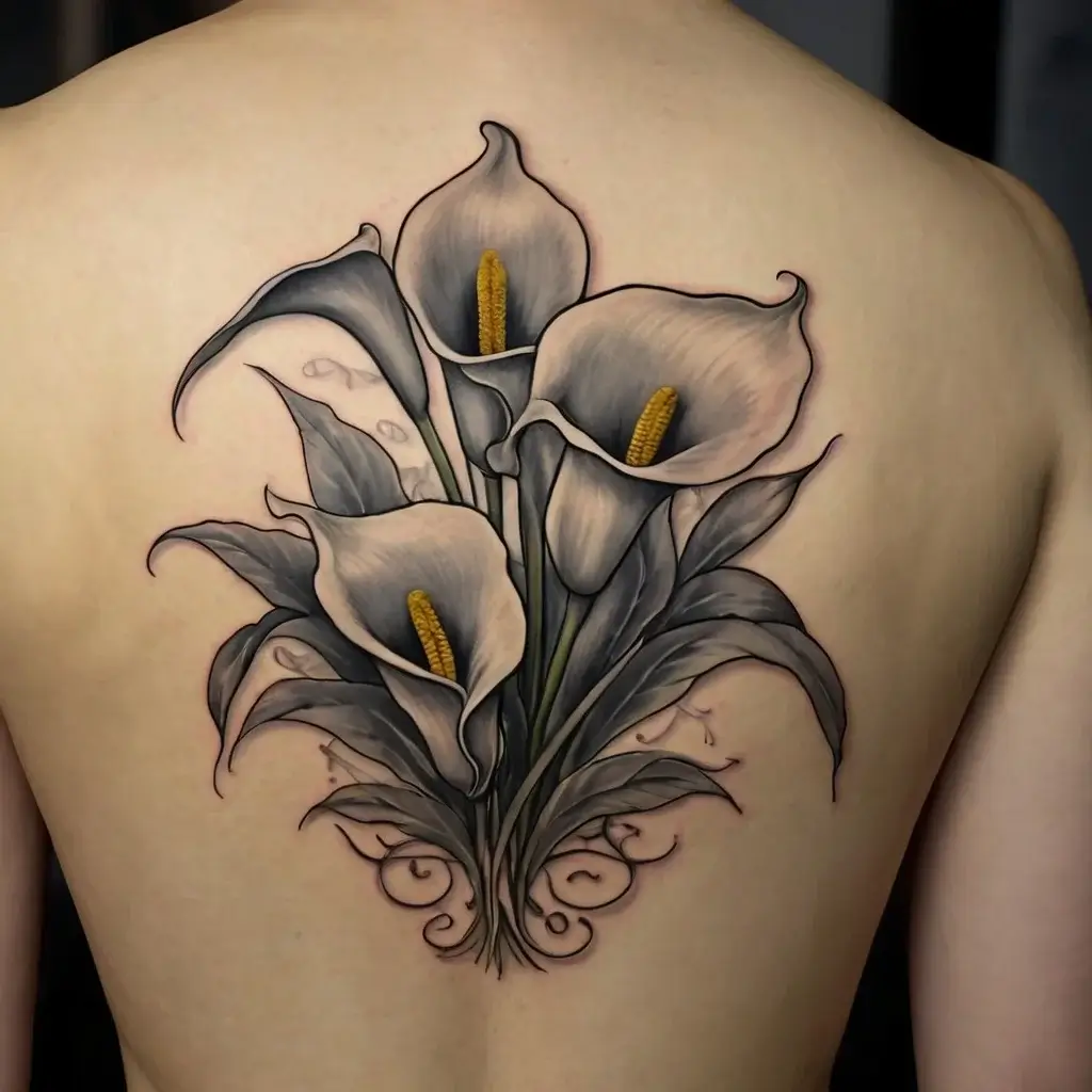 Back tattoo of elegant calla lilies in grayscale, accented with yellow spadices and intricate swirling leaves.