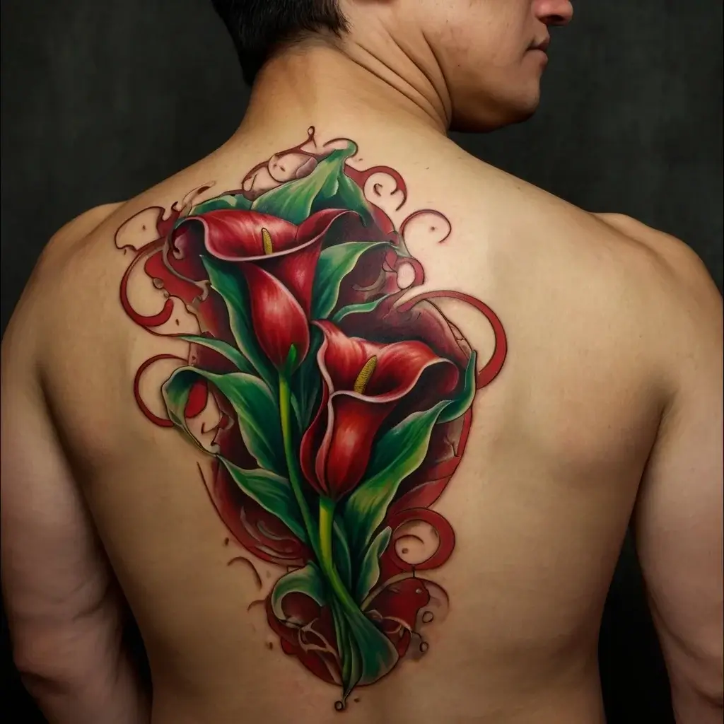 Vibrant back tattoo of red calla lilies with swirling green leaves and abstract red accents, blending realism and fantasy.