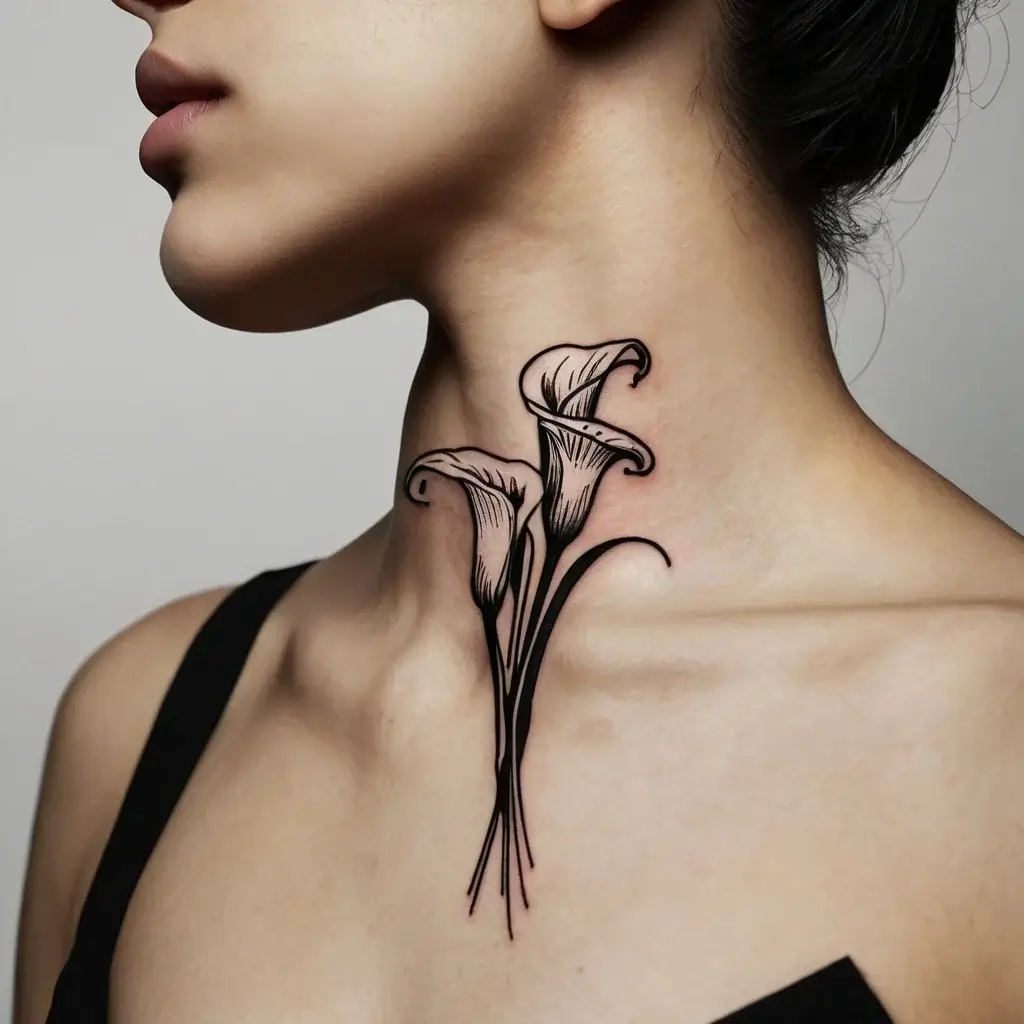 Neck tattoo depicting two elegant calla lilies with flowing lines and detailed shading, adding a touch of natural beauty.