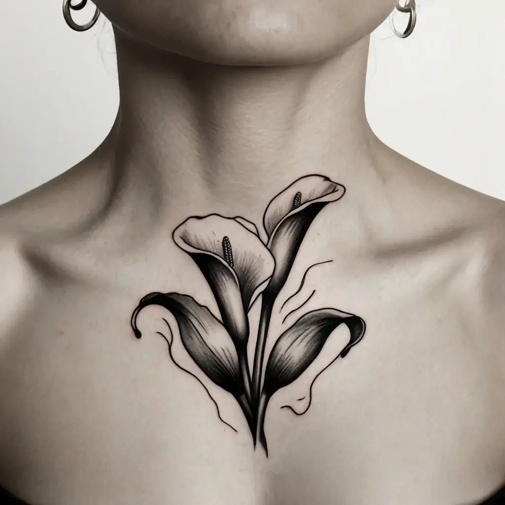 Black and gray tattoo of three calla lilies on the chest, showcasing elegant shading and intricate linework detail.