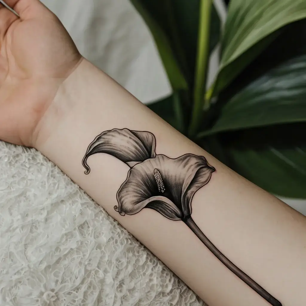 Black and gray calla lily tattoo on forearm, showcasing delicate shading and intricate petal and stamen detail.