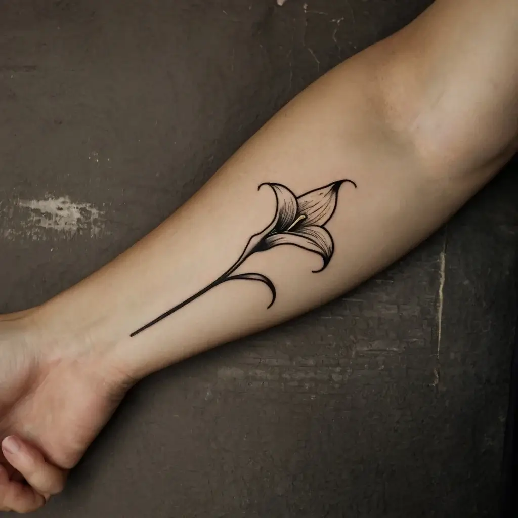 Minimalist black ink calla lily tattoo on inner forearm, featuring elegant lines and shading for petal detail.