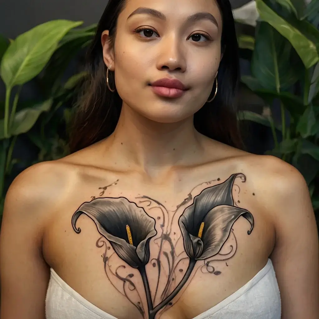 Tattoo of two grayscale calla lilies with detailed shading and swirling vines across the chest, creating a flowing effect.