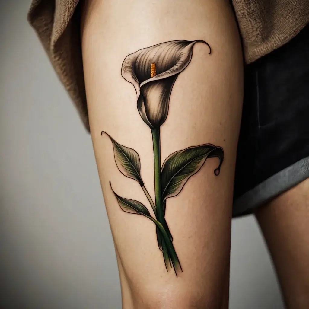 Realistic calla lily tattoo on thigh, featuring detailed shading and soft green leaves, symbolizing elegance and beauty.