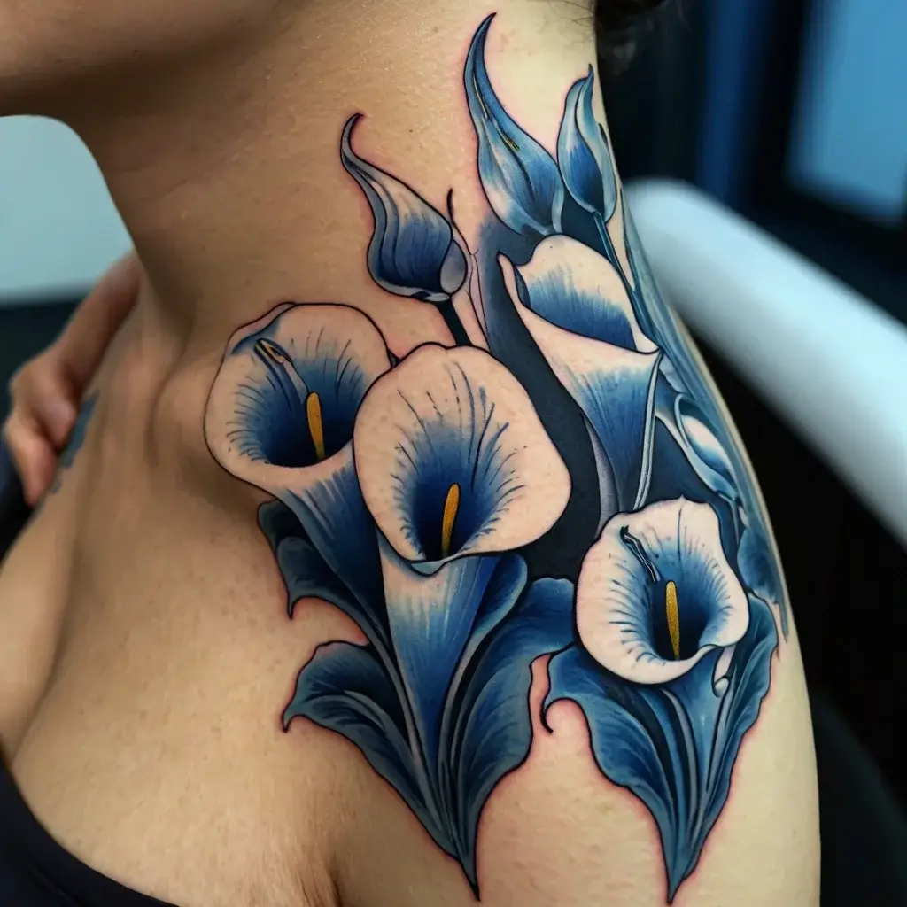 Tattoo of blue and white calla lilies with vivid shading, elegantly spanning the shoulder and upper arm.