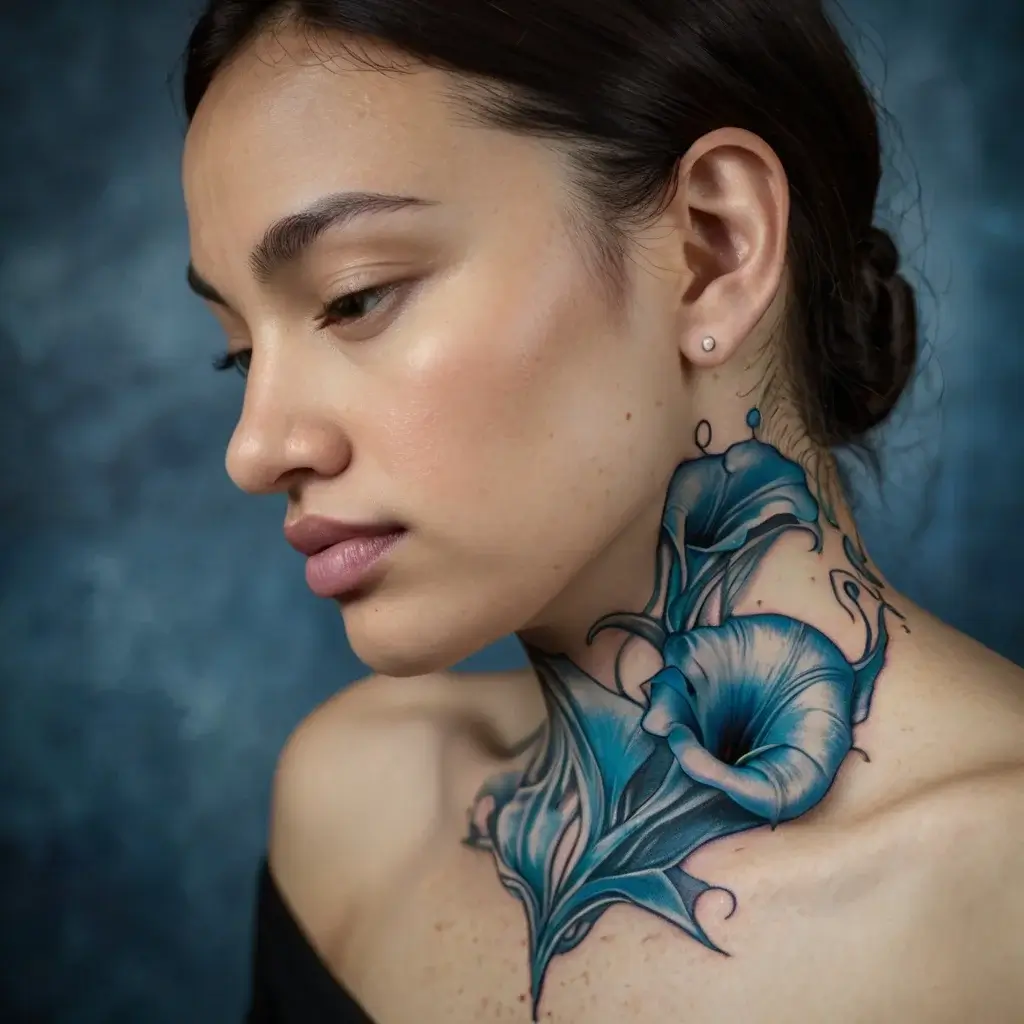 Neck tattoo of swirling blue morning glories with detailed petals and tendrils, creating a flowing, elegant design.