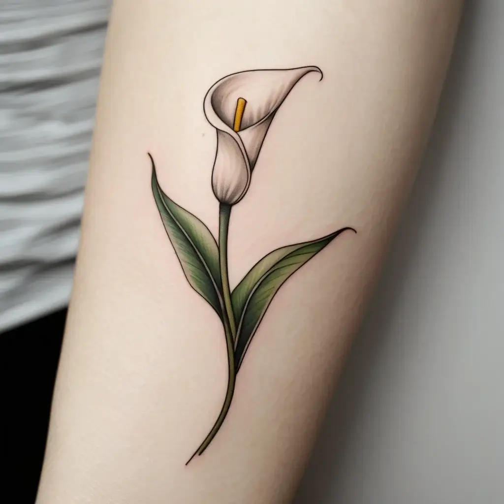 Tattoo of a single calla lily with a curved white bloom and two green leaves, symbolizing elegance and purity.