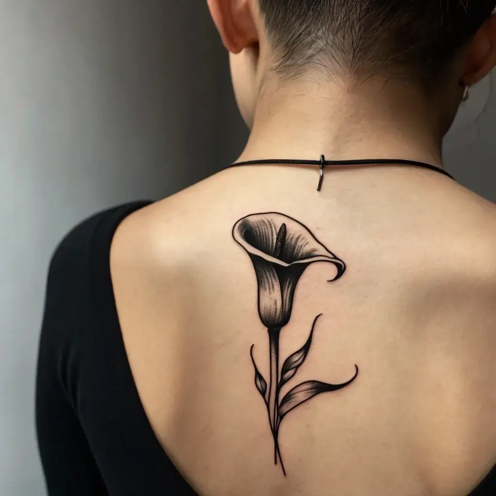 Black ink calla lily tattoo on the upper back, elegantly detailed with flowing lines and subtle shading.