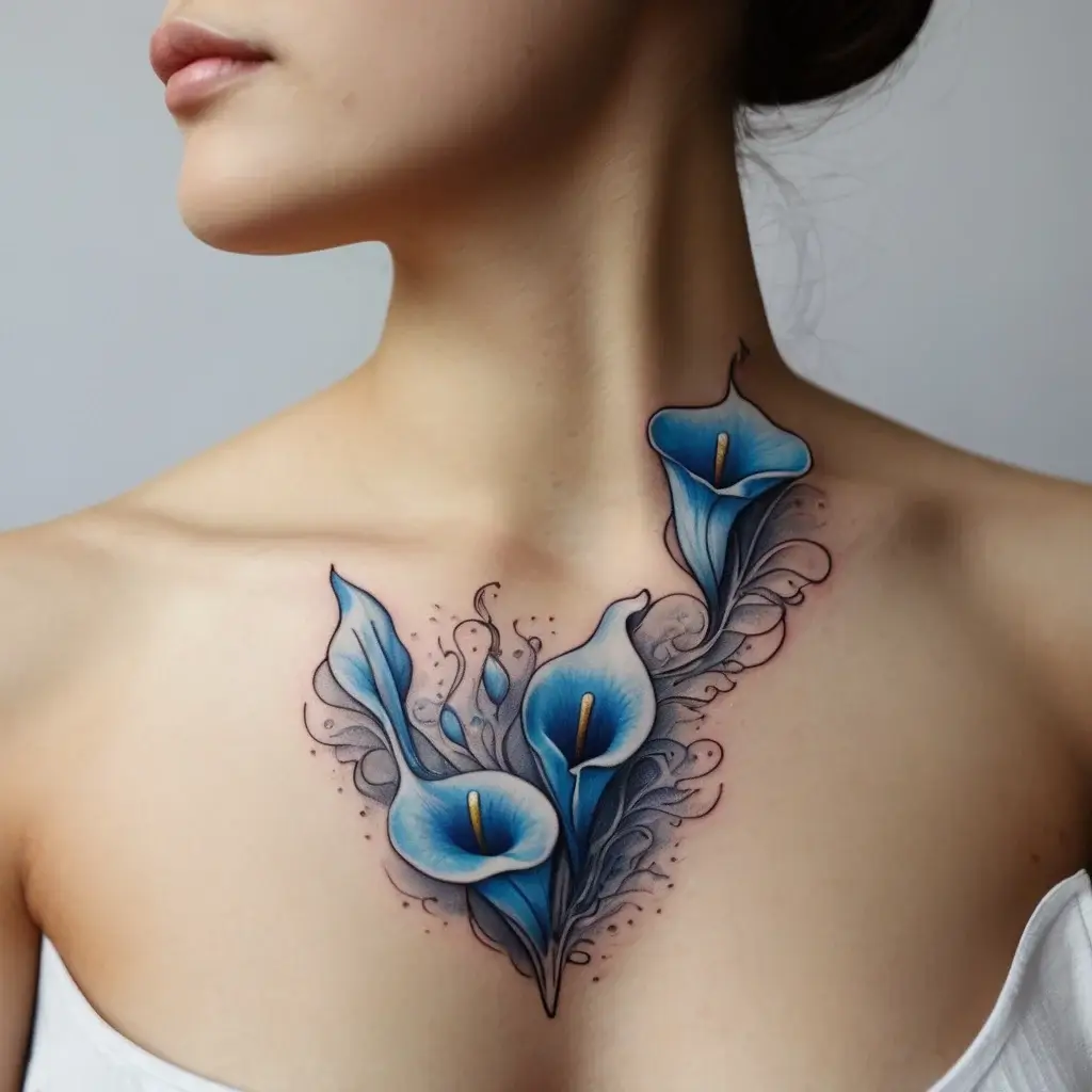 Ornate tattoo of blue calla lilies on the chest, with swirling grey accents for an elegant and dynamic effect.