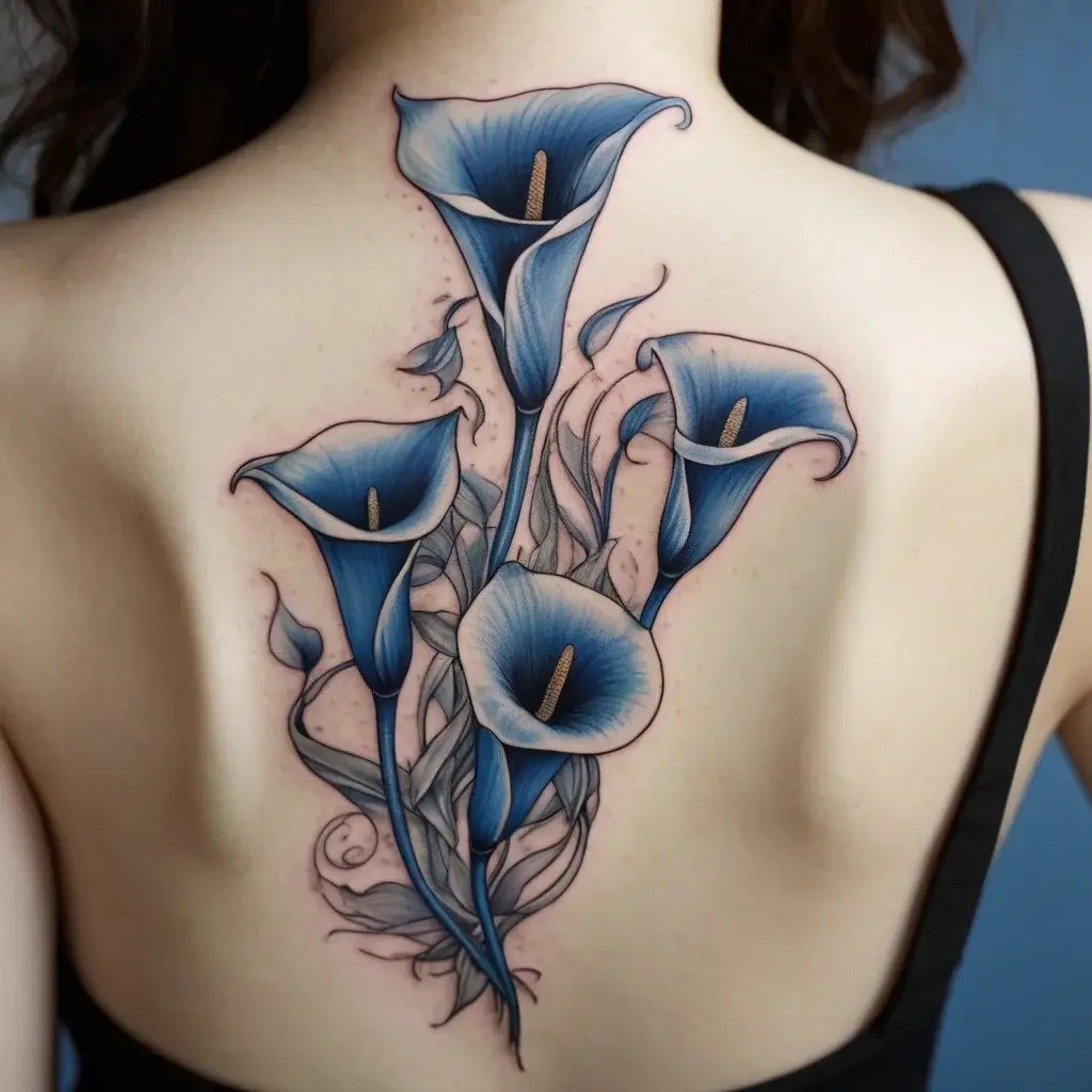 Tattoo of vibrant blue calla lilies with elegant swirls and leaves, cascading down the back.