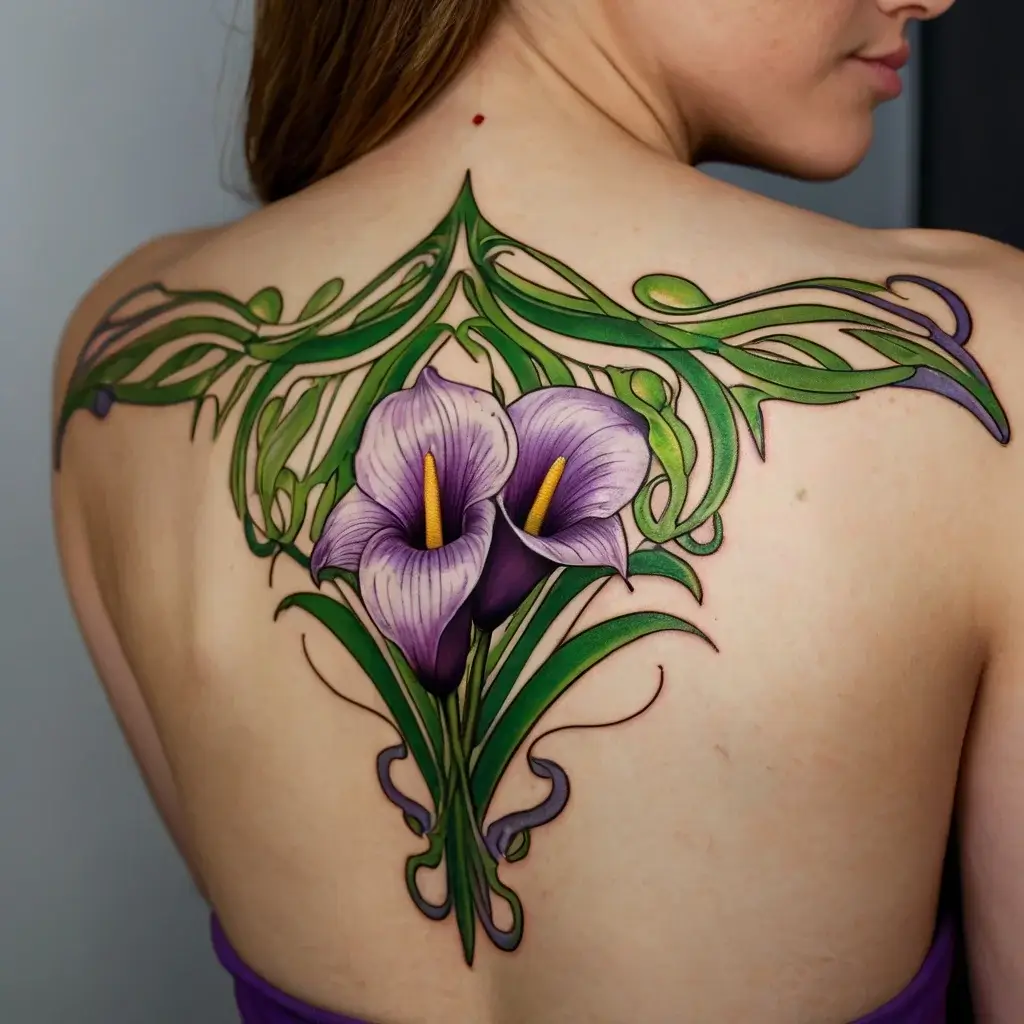 Tattoo of two purple lilies with intricate green vines, arching across the upper back in an art nouveau style.