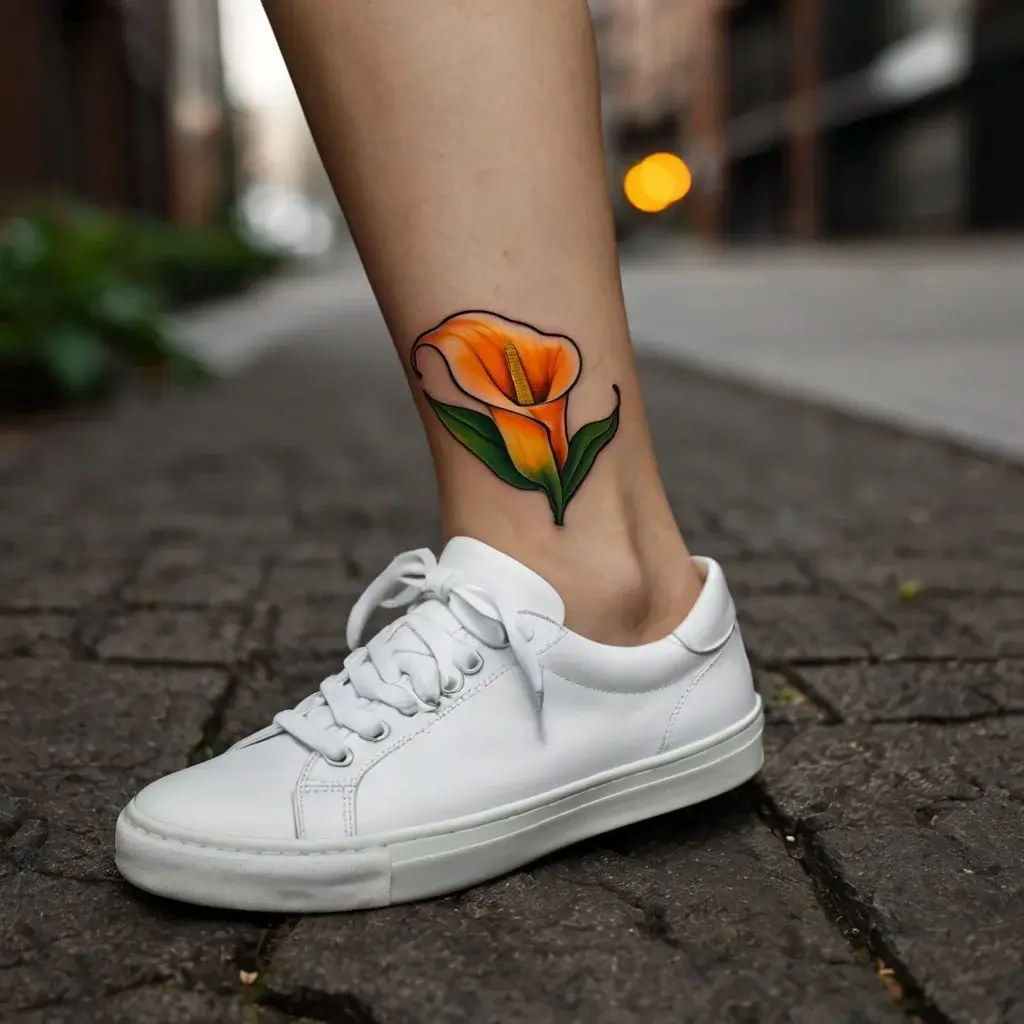 A vibrant orange calla lily tattoo on an ankle, with bold outlines and lush green leaves for a striking, modern look.