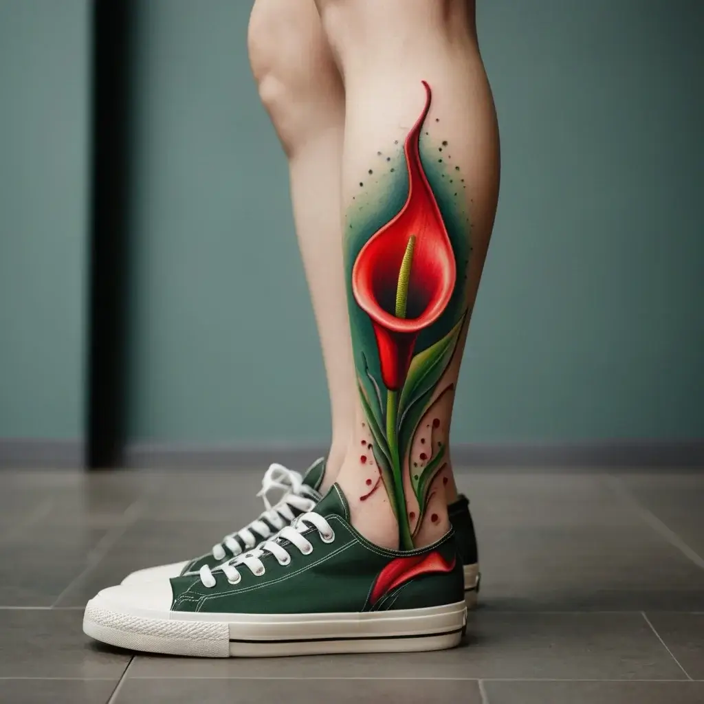 A vibrant red calla lily tattoo on the leg, featuring green leaves and delicate red detailing, exuding elegance and strength.