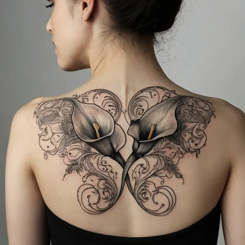 Tattoo of two calla lilies with intricate, swirling filigree, elegantly spread across the upper back in monochrome.