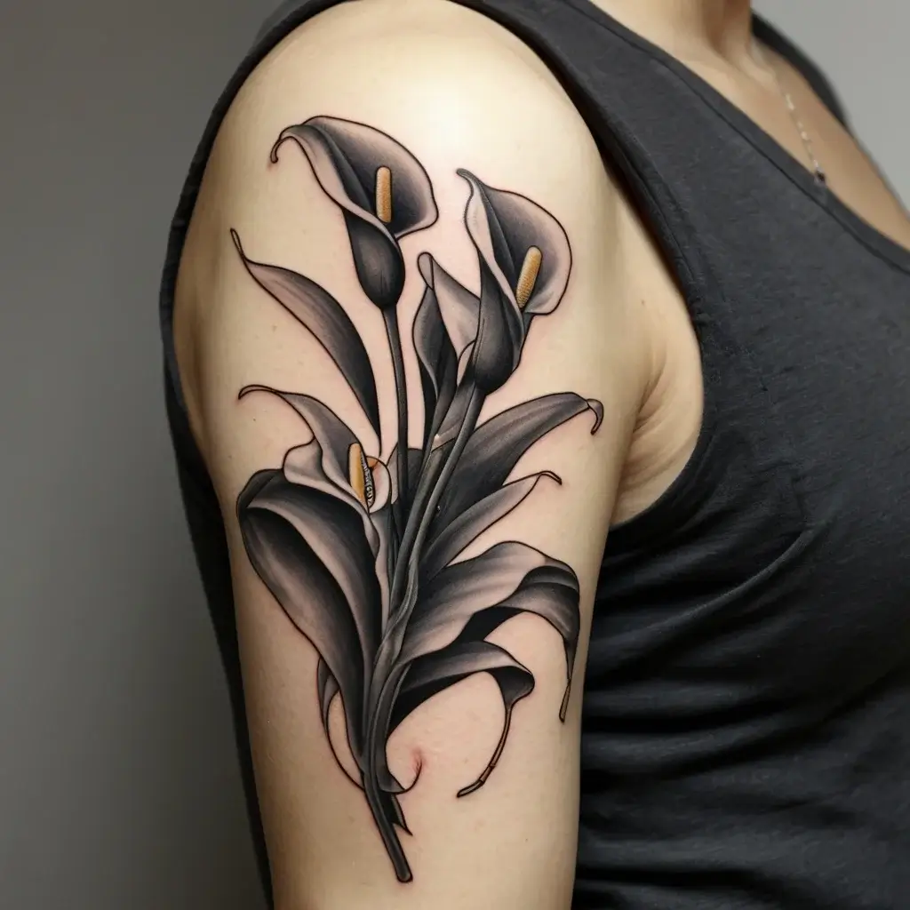 Tattoo of elegant calla lilies with intricately shaded petals and leaves on the upper arm, exuding a realistic charm.