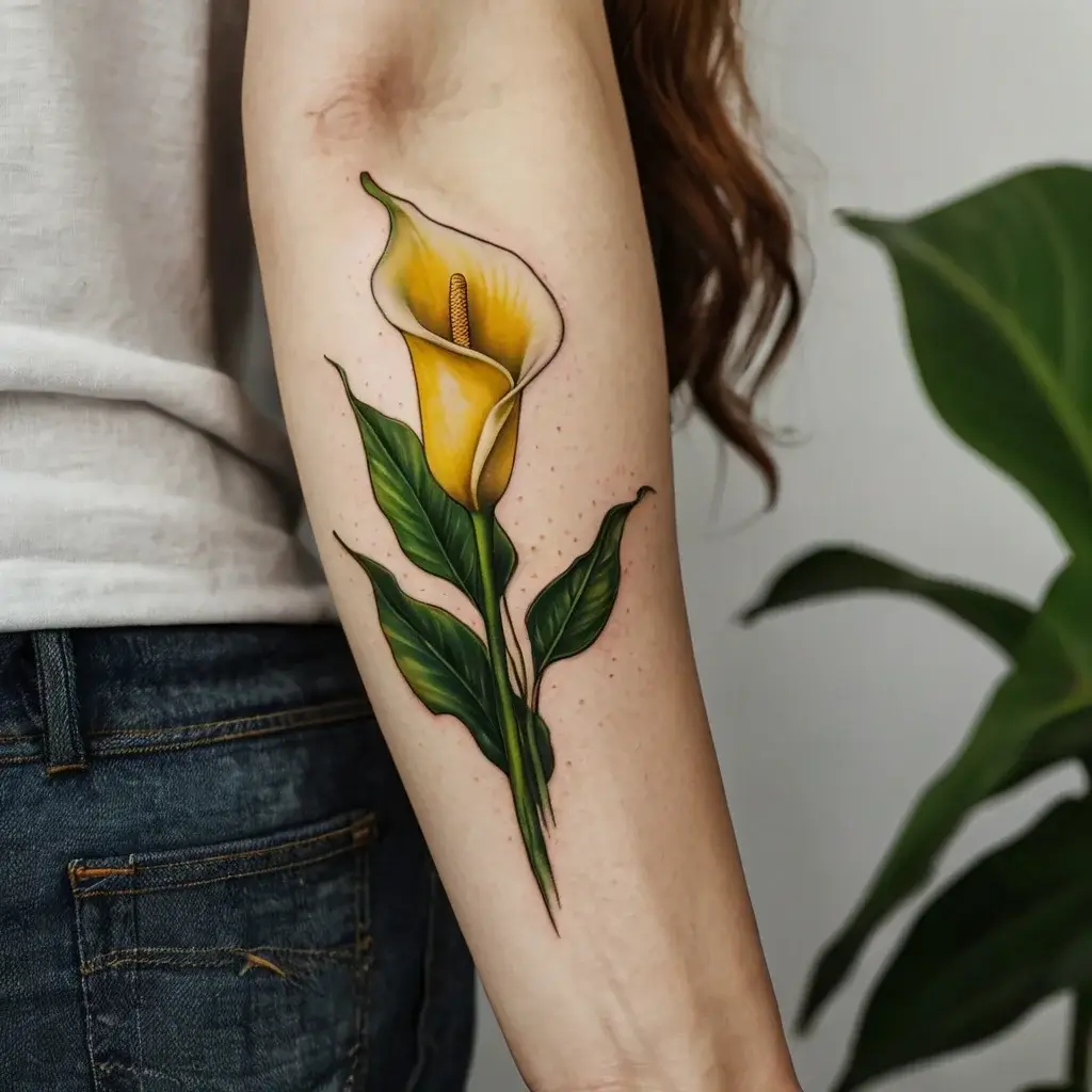 Realistic yellow calla lily tattoo with green leaves on forearm, showcasing detailed shading and vibrant colors.