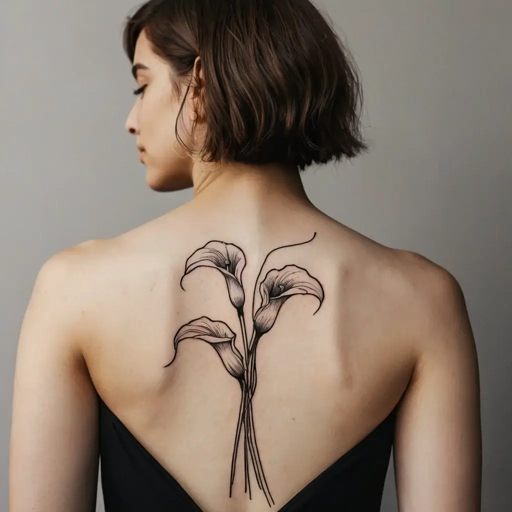 Elegant linework tattoo of three calla lilies on the back, showcasing delicate details and graceful curves.