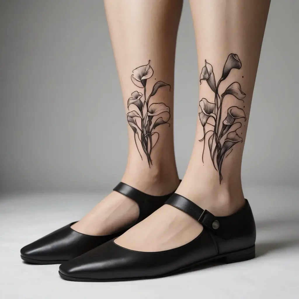 Elegant black ink tattoos of calla lilies on both calves, showcasing graceful, flowing lines and delicate shading.