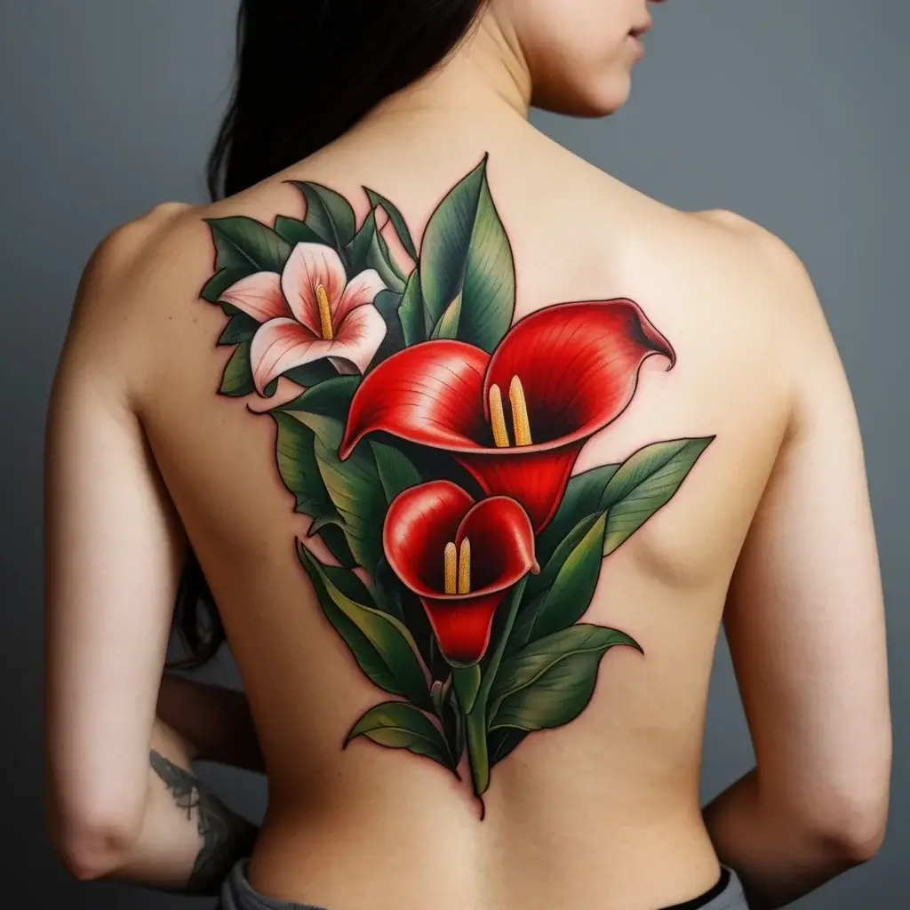 Vibrant back tattoo of red calla lilies and a pink lily surrounded by lush green leaves, detailed and striking.