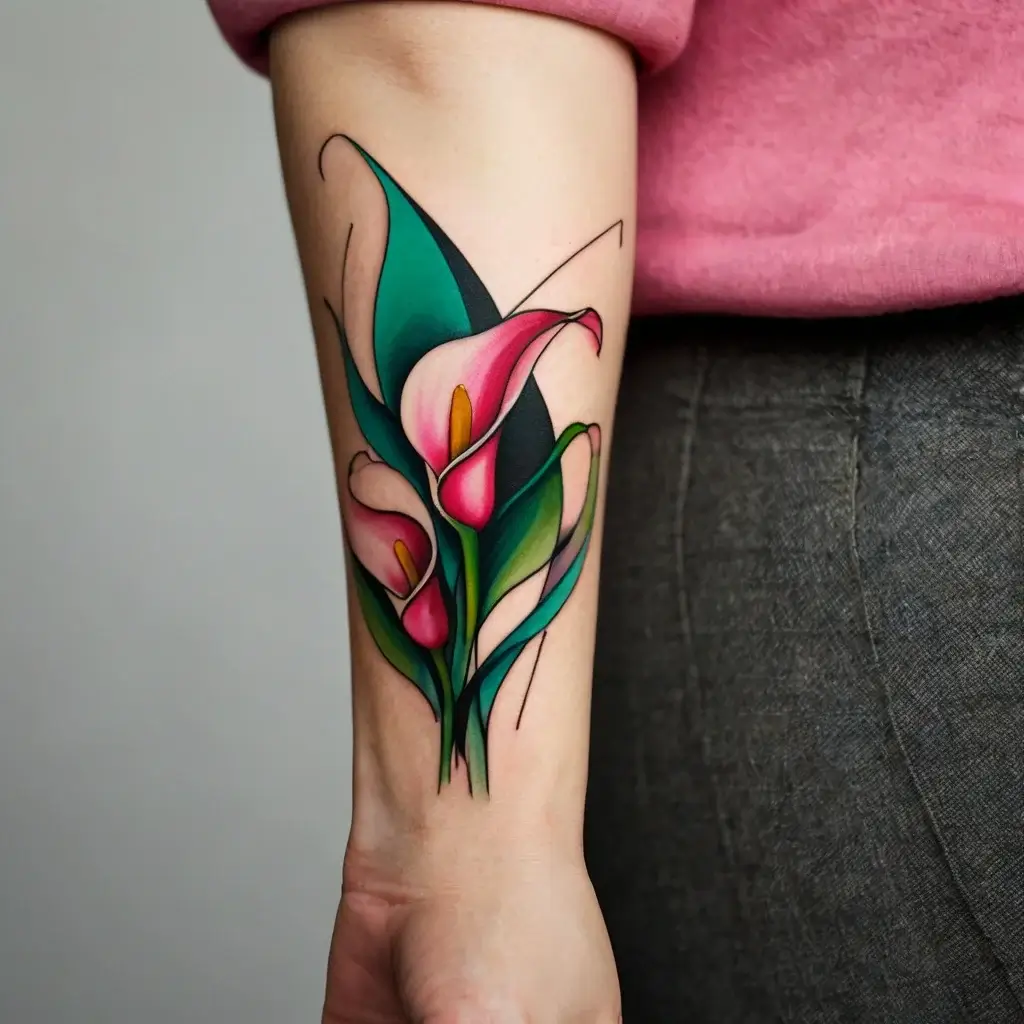 Tattoo of vibrant pink calla lilies with green leaves on the forearm, featuring bold outlines and realistic shading.