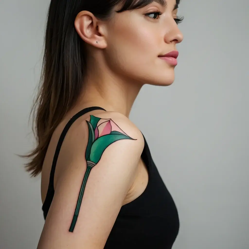 Stylized calla lily tattoo on shoulder with bold black outlines, green stem, and pink petals, showcasing minimalistic elegance.