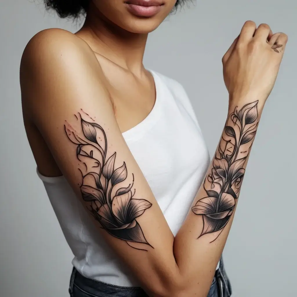 Floral tattoo design with detailed leaves and petals, showcasing delicate shading on the forearm and bicep.