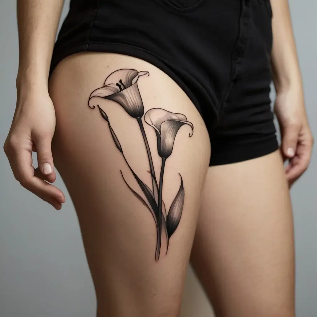 Tattoo design of two elegant calla lilies in black and gray on the thigh, showcasing intricate shading and flow.