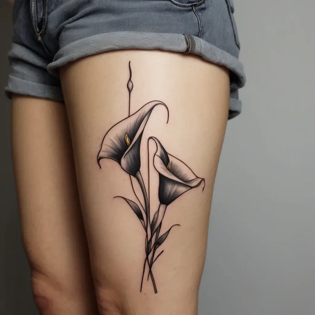 Elegant black and gray calla lilies tattoo on thigh, with delicate shading and fine details for a realistic effect.